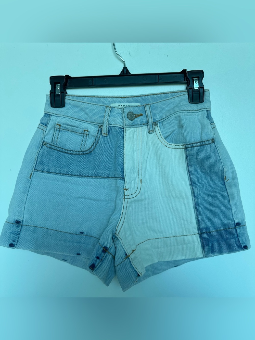 PacSun Patchwork High-Rise Colorblock Denim Shorts in Light Blue and Cream